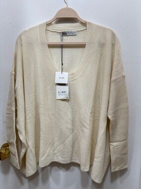 ZARA Cream Scoop-Neck Wool Blend Sweater